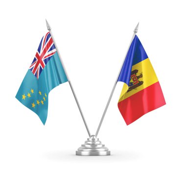 Moldova ve Tuvalu masa bayrakları beyaz 3D görüntüleme üzerinde izole edildi