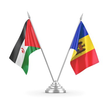 Moldova ve Batı Sahra masa bayrakları beyaz 3D görüntüleme üzerinde izole edildi