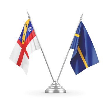 Nauru ve Herm masa bayrakları beyaz 3D görüntüleme üzerinde izole