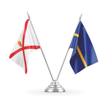 Nauru ve Jersey masa bayrakları beyaz 3D görüntüleme üzerinde izole
