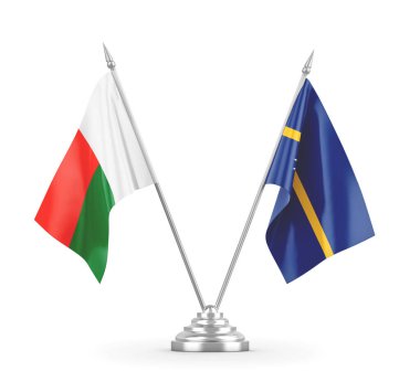 Nauru ve Madagaskar masa bayrakları beyaz 3D görüntüleme üzerinde izole