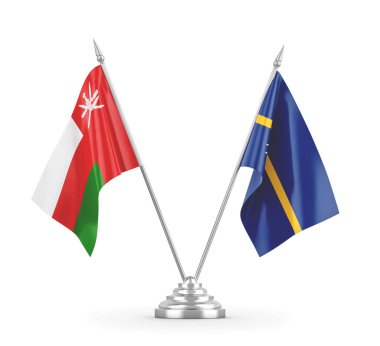 Nauru ve Umman masa bayrakları beyaz 3D görüntüleme üzerinde izole