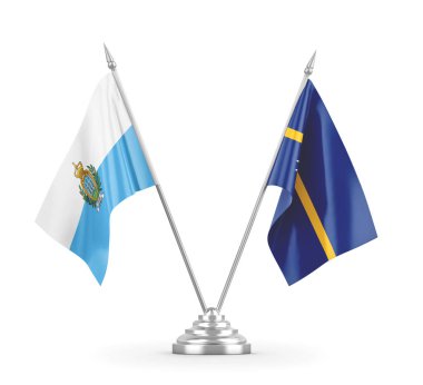 Nauru ve San Marino masa bayrakları beyaz 3D görüntüleme üzerinde izole