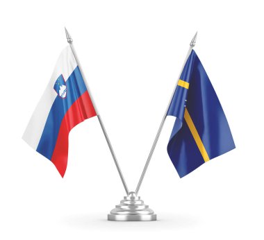 Nauru ve Slovenya masa bayrakları beyaz 3D görüntüleme üzerinde izole edildi