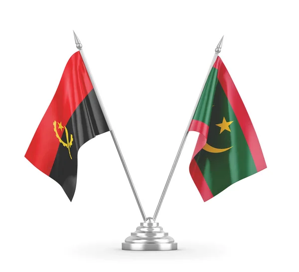 Banderas de mesa Mauritania y Angola aisladas en renderizado 3D blanco — Foto de Stock