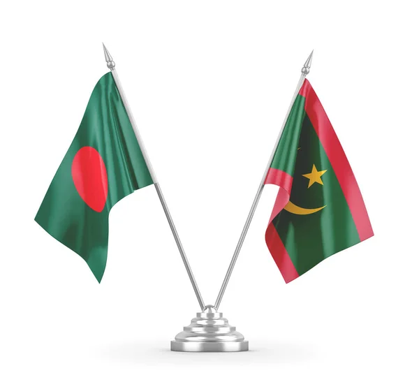 Banderas de mesa de Mauritania y Bangladesh aisladas en renderizado 3D blanco — Foto de Stock