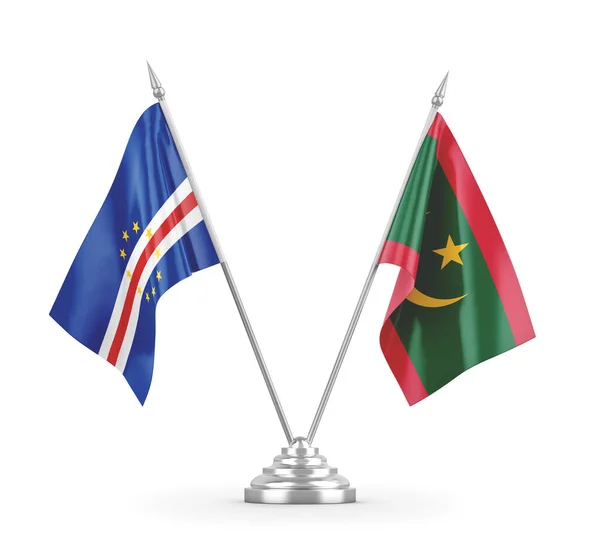 Banderas de mesa Mauritania y Cabo Verde aisladas en renderizado 3D blanco — Foto de Stock