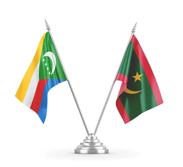 Banderas de mesa Mauritania y Comoras aisladas en renderizado 3D blanco — Foto de Stock