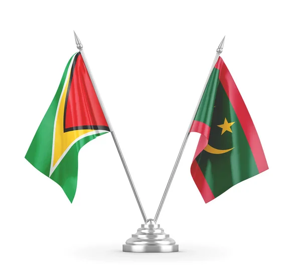 Banderas de mesa Mauritania y Guyana aisladas en renderizado 3D blanco — Foto de Stock