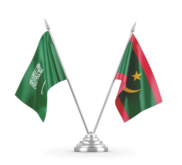 Banderas de mesa de Mauritania y Arabia Saudita aisladas en renderizado 3D blanco — Foto de Stock