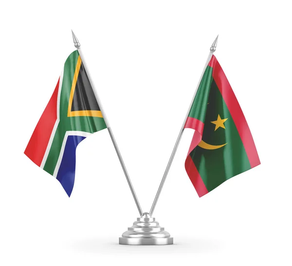 Mauritánia és Dél-Afrika tábla zászlók elszigetelt fehér 3D renderelés — Stock Fotó
