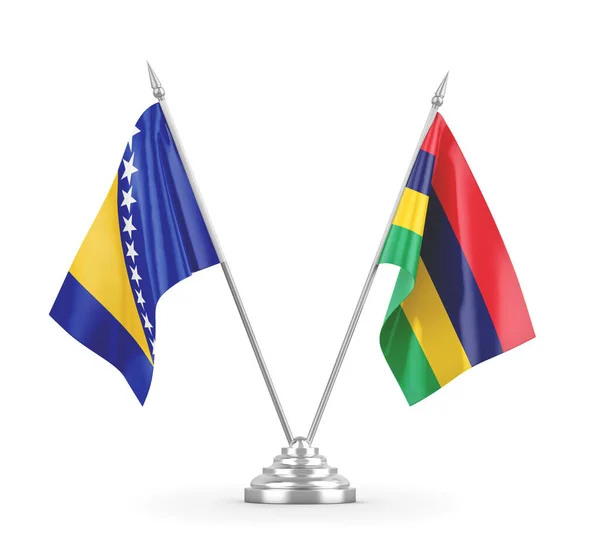 Banderas de mesa de Mauricio y Bosnia y Herzegovina aisladas en renderizado 3D blanco — Foto de Stock