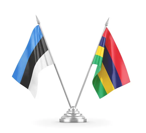 Banderas de mesa de Mauricio y Estonia aisladas en renderizado 3D blanco — Foto de Stock