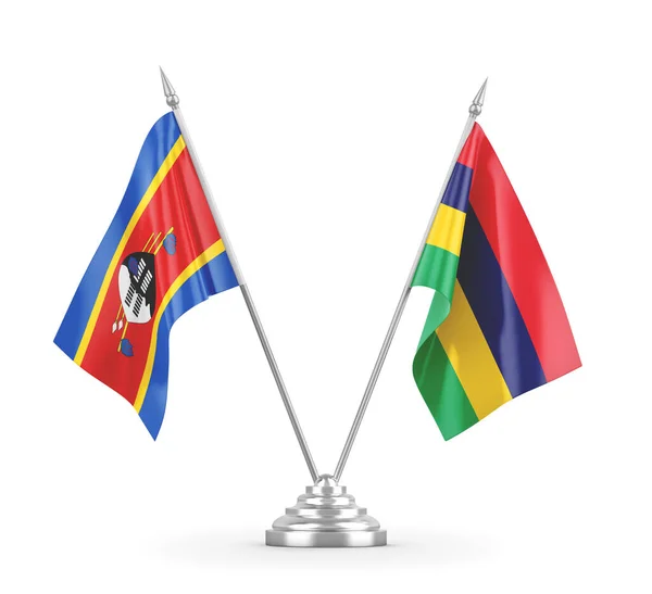 Mauritius and Eswatini Swaziland table flags isolated on white 3D rendering — Stock Photo, Image