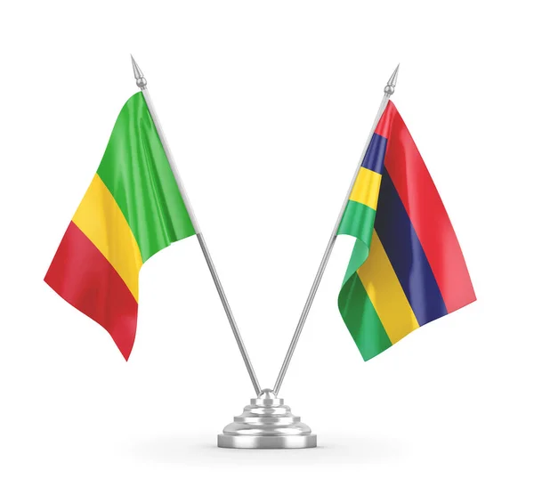 Banderas de mesa de Mauricio y Malí aisladas en renderizado 3D blanco — Foto de Stock