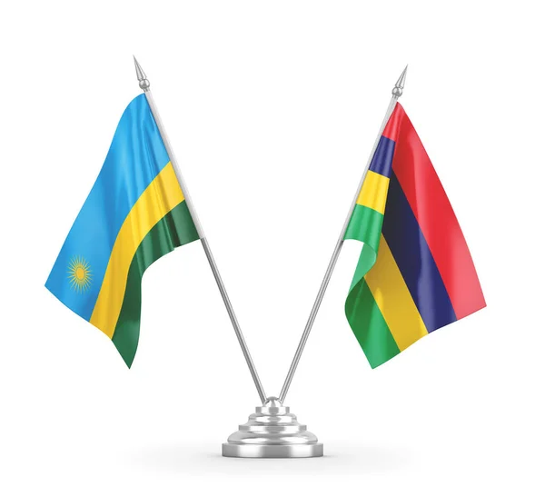 Bandeiras de mesa Maurício e Ruanda isoladas em renderização 3D branca — Fotografia de Stock