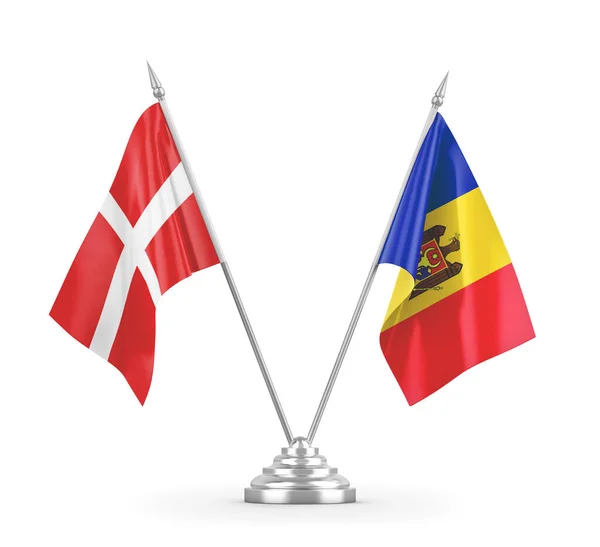 Moldavsko a Dánsko tabulky vlajky izolované na bílém 3D vykreslování — Stock fotografie