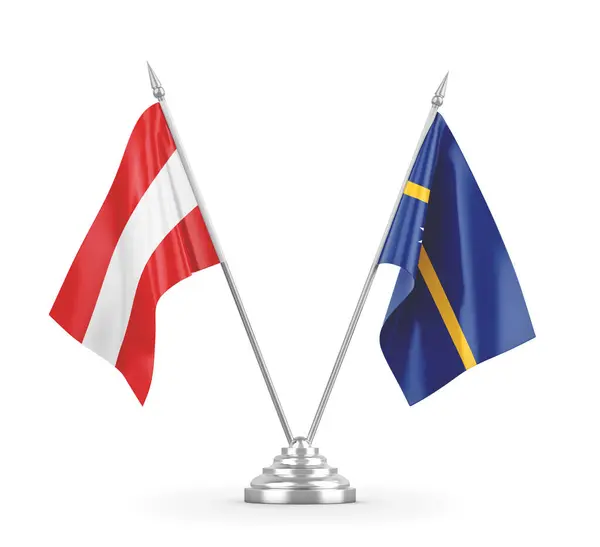 瑙鲁和奥地利在白色3D渲染上隔离的桌旗 — 图库照片