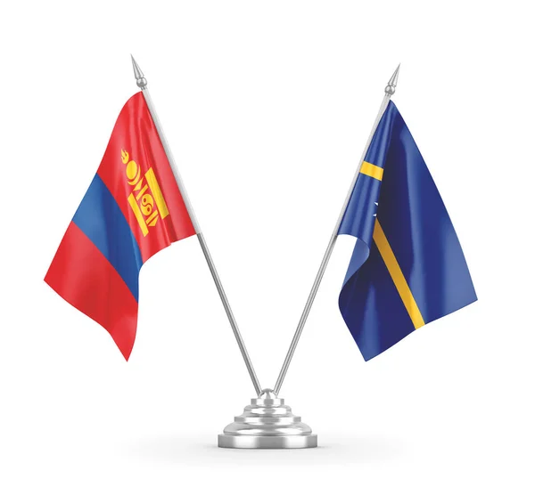 Bandeiras de mesa Nauru e Mongólia isoladas em renderização 3D branca — Fotografia de Stock