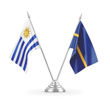 Nauru ve Uruguay masa bayrakları beyaz 3D görüntüleme üzerinde izole