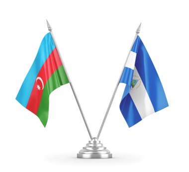 Nikaragua ve Azerbaycan masa bayrakları beyaz 3D görüntüleme üzerinde izole edildi