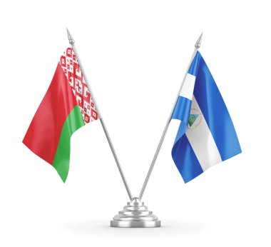 Nikaragua ve Belarus masa bayrakları beyaz 3D görüntüleme üzerinde izole edildi