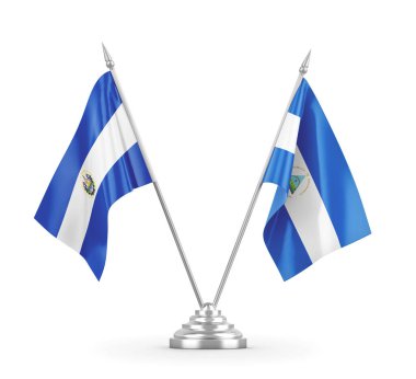 Nikaragua ve El Salvador masa bayrakları beyaz 3D görüntüleme üzerinde izole edildi