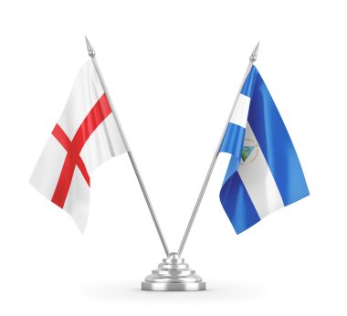 Nikaragua ve İngiltere masa bayrakları beyaz 3D görüntüleme üzerinde izole edildi