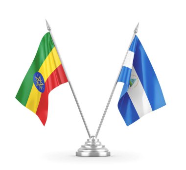 Nikaragua ve Etiyopya masa bayrakları beyaz 3D görüntüleme üzerinde izole edildi