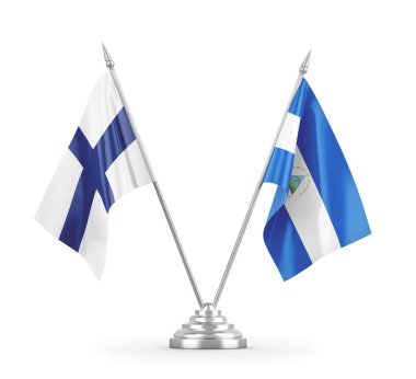 Nikaragua ve Finlandiya masa bayrakları beyaz 3D görüntüleme üzerinde izole edilmiş