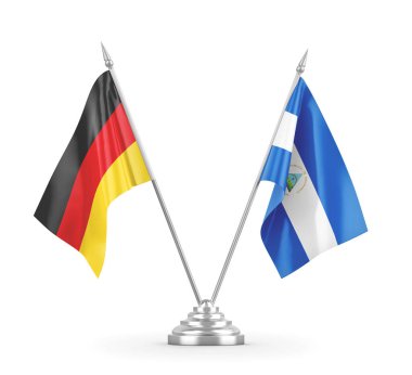 Nikaragua ve Almanya bayrakları beyaz 3D görüntüleme üzerinde izole edildi