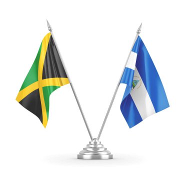 Nikaragua ve Jamaika masa bayrakları beyaz 3D görüntüleme üzerinde izole edildi