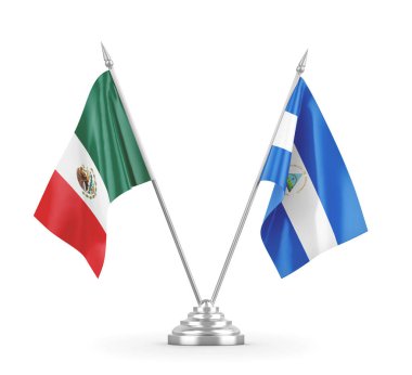 Nikaragua ve Meksika masa bayrakları beyaz 3D görüntüleme üzerinde izole edildi