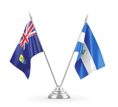 Nikaragua ve Saint Helena masa bayrakları beyaz 3D görüntüleme üzerinde izole