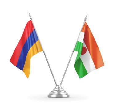 Nijer ve Ermenistan masa bayrakları beyaz 3D görüntüleme üzerinde izole edildi