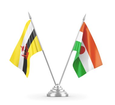Nijer ve Brunei masa bayrakları beyaz 3D görüntüleme üzerinde izole