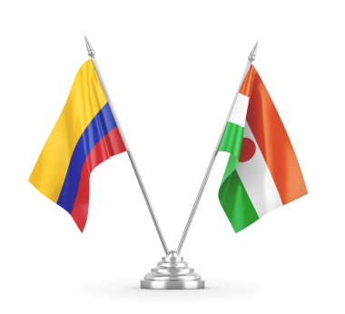 Nijer ve Kolombiya masa bayrakları beyaz 3D görüntüleme üzerinde izole