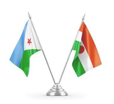 Nijer ve Cibuti masa bayrakları beyaz 3D görüntüleme üzerinde izole