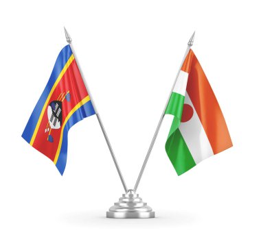 Nijer ve Eswatini Svaziland masa bayrakları beyaz 3D görüntüleme
