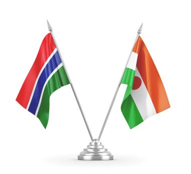 Nijer ve Gambiya masa bayrakları beyaz 3D görüntüleme üzerinde izole edildi