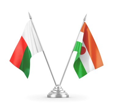 Nijer ve Madagaskar masa bayrakları beyaz 3D görüntüleme üzerinde izole