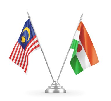 Nijer ve Malezya masa bayrakları beyaz 3D görüntüleme üzerinde izole edildi