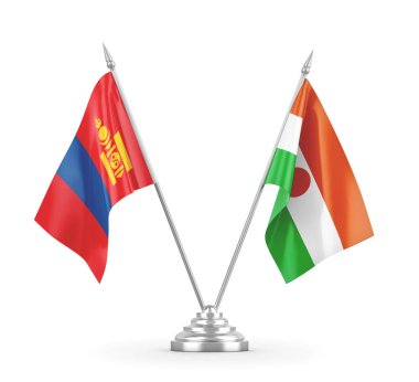 Nijer ve Moğolistan masa bayrakları beyaz 3D görüntüleme üzerinde izole edildi