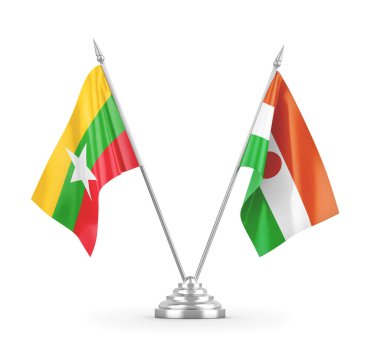 Nijer ve Myanmar masa bayrakları beyaz 3D görüntüleme üzerinde izole