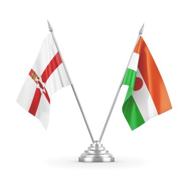 Nijer ve Kuzey İrlanda masa bayrakları beyaz 3D görüntüleme üzerinde izole