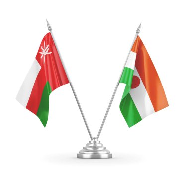 Nijer ve Umman masa bayrakları beyaz 3D görüntüleme üzerinde izole