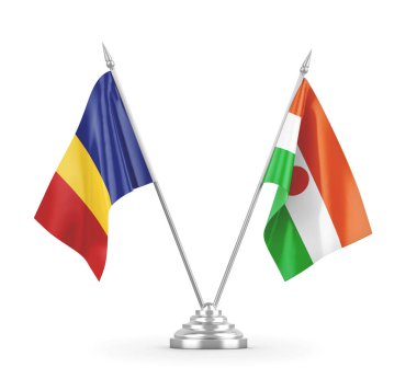 Nijer ve Romanya bayrakları beyaz 3D görüntüleme üzerinde izole edildi