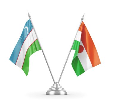 Nijer ve Özbekistan masa bayrakları beyaz 3D görüntüleme üzerinde izole edildi