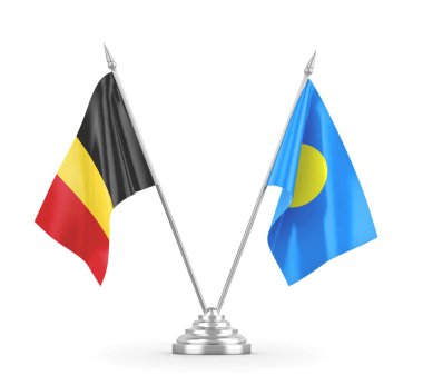 Palau ve Belçika masa bayrakları beyaz 3D görüntüleme üzerinde izole