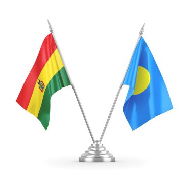 Palau ve Bolivya masa bayrakları beyaz 3D görüntüleme üzerinde izole